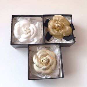 CHANEL Lot of 3 Classic Vintage Silk Camellia Flower Corsage Brooches